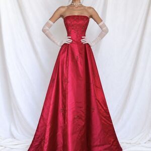 Vintage Y2K Pink Strapless Floral Beaded Tulle Flared Maxi Prom Dress Size XS/S